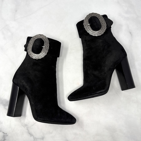 Saint Laurent Shoes - Saint Laurent Joplin Western Embellished Suede Block Heel Ankle Boots Black 35.5